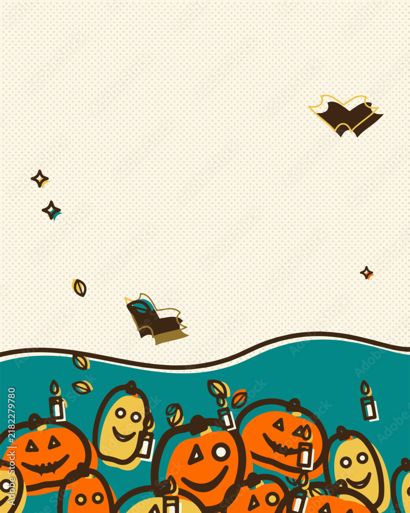 Fototapeta premium Vintage Halloween comic background with spooky pumpkins, ghosts, monsters, and retro social media style.