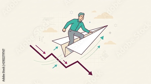 Businessman surfing on a paper airplane over a declining financial graph with market decline business risk economic downturn financial crisis