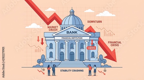 Vector illustration of a bank building under economic pressure and market decline with market crash economic crisis financial decline financial los