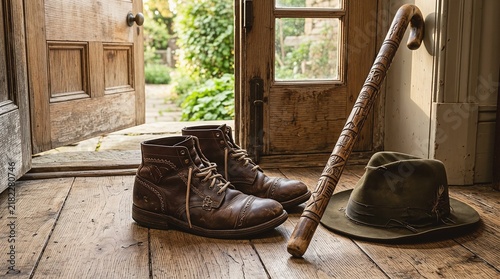 Rustic leather boots, carved wooden walking cane, and hat by an open door