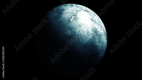 A partial view of a blue icy planet floating in dark space on a black background