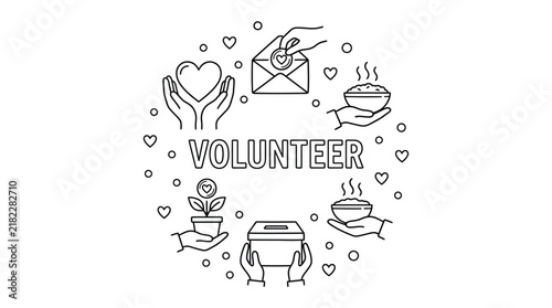 Quadro su tela Volunteer word surrounded by simple line icons depicting charity acts and compas