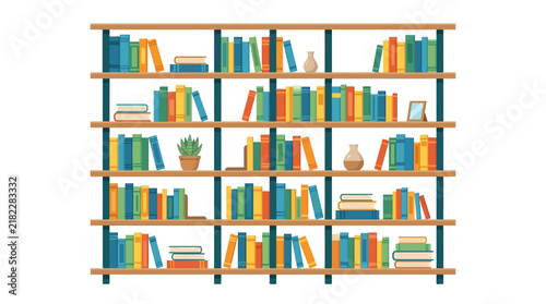 Filled bookshelf with colorful books and small potted plants vector illustration