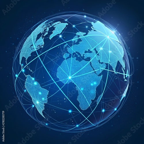Glowing Digital Globe Connecting Continents with Bright Network Lines and Nodes on Dark Blue Background