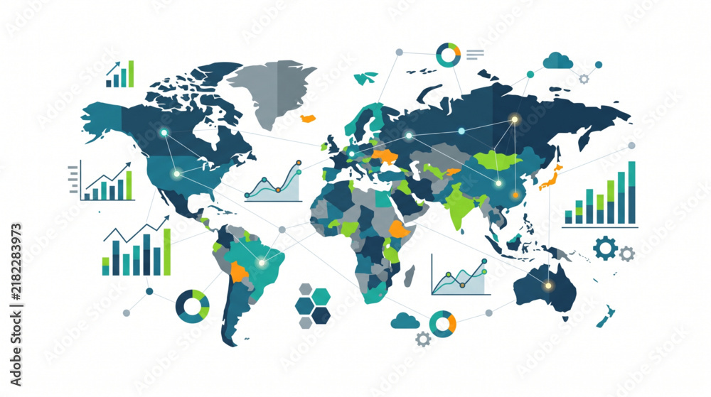 Naklejka premium Global business data analytics and world infographics map concept