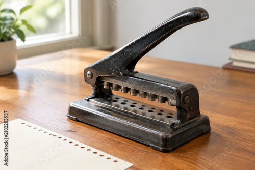 Vintage manual paper perforator on a wooden desk, revealing a neat row of circular holes.