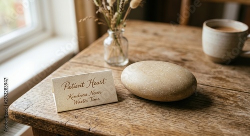 Tapety artystyczne Smooth Stone and Inspirational Message Card with Dried Flowers on Rustic Table