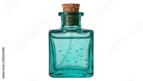Cuadro en lienzo Turquoise glass perfume bottle with cork stopper and bubbles, isolated on transp