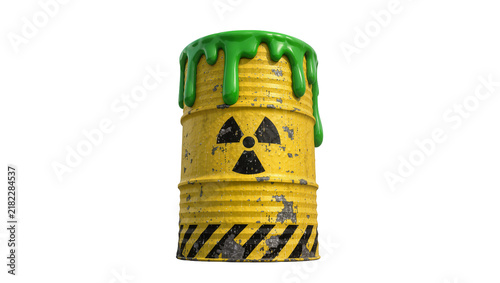 Foto Yellow radioactive waste barrel with dripping green toxic liquid, isolated on tr