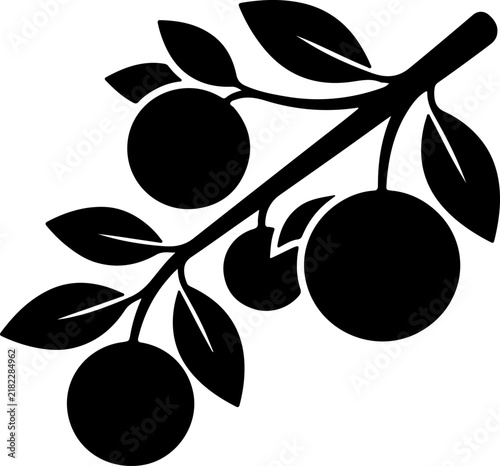 Minimalist black silhouette icon of a fruit tree branch featuring several round citrus oranges and detailed green leaves isolated on a clean white background for modern graphic design and web projects