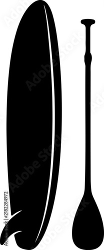 Minimalist black silhouette illustration of a stand up paddle board and a long paddle isolated on a white background for water sports design projects, summer recreation, and aquatic activity concepts