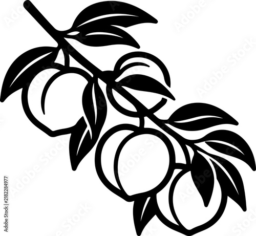 A minimalist black and white vector illustration of a peach tree branch featuring several ripe fruits and lush leaves, designed as a clean graphic icon for food, agriculture, or nature-themed projects