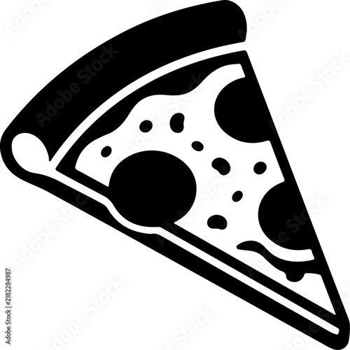A minimalist black and white vector icon illustration of a single delicious slice of pepperoni pizza featuring a thick crust and melted cheese toppings isolated on a clean white background for design