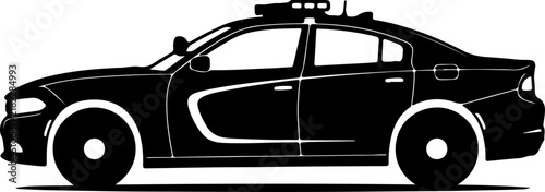 A bold black and white silhouette graphic of a modern police patrol vehicle viewed from the side profile isolated on a clean white background for law enforcement and emergency service design projects