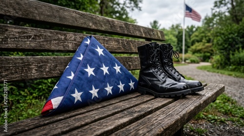 American flag folded in a triangle with black military boots resting on a wooden park bench in a quiet outdoor setting