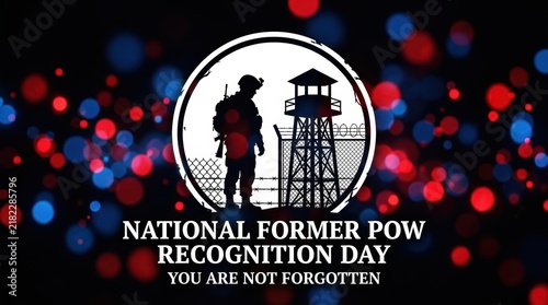 National former pow recognition day design with soldier silhouette and guard tower on black background