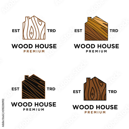 Wood House Premium Logo Design Collection with Various Timber Grain Textures. Set of Modern House Silhouettes and Natural Wood Patterns for Real Estate, Construction, or Woodcraft Branding.
