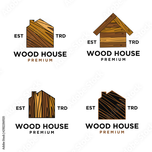 Wood House Premium Logo Design Templates Set, Modern Minimalist House Building Icon with Natural Timber Texture for Real Estate Construction Company Branding