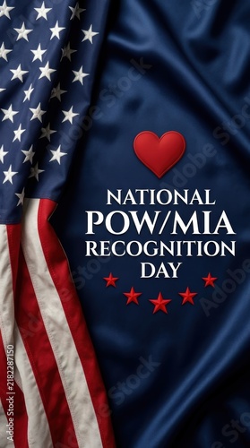 National pow mia recognition day poster with american flag background and red heart symbol