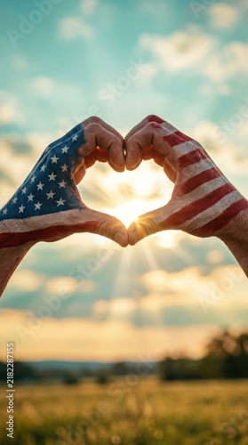 Hands making a heart shape painted with the american flag colors against a bright blue sky with soft clouds