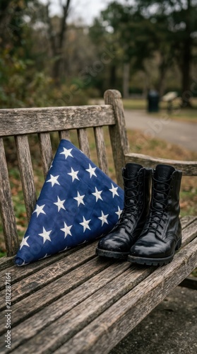 American flag folded in a triangle with black military boots resting on a wooden park bench in a quiet outdoor setting