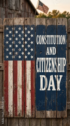 Rustic wooden sign celebrating constitution and citizenship day with american flag design on old weathered barn wood