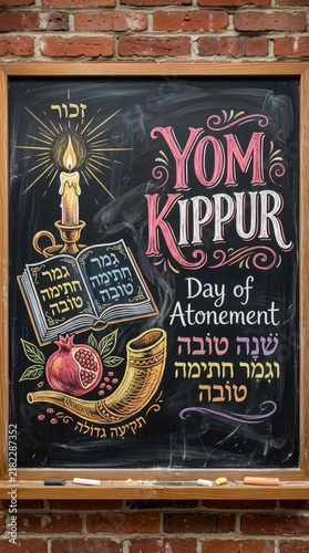 Yom kippur day of atonement greeting card design with chalkboard art of a shofar, burning candle, and pomegranate