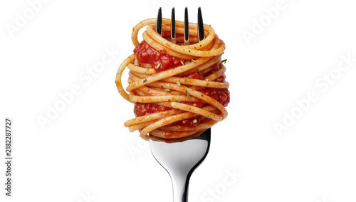 Obraz na plátně Spaghetti with tomato sauce twirled on a fork, isolated on transparent backgroun