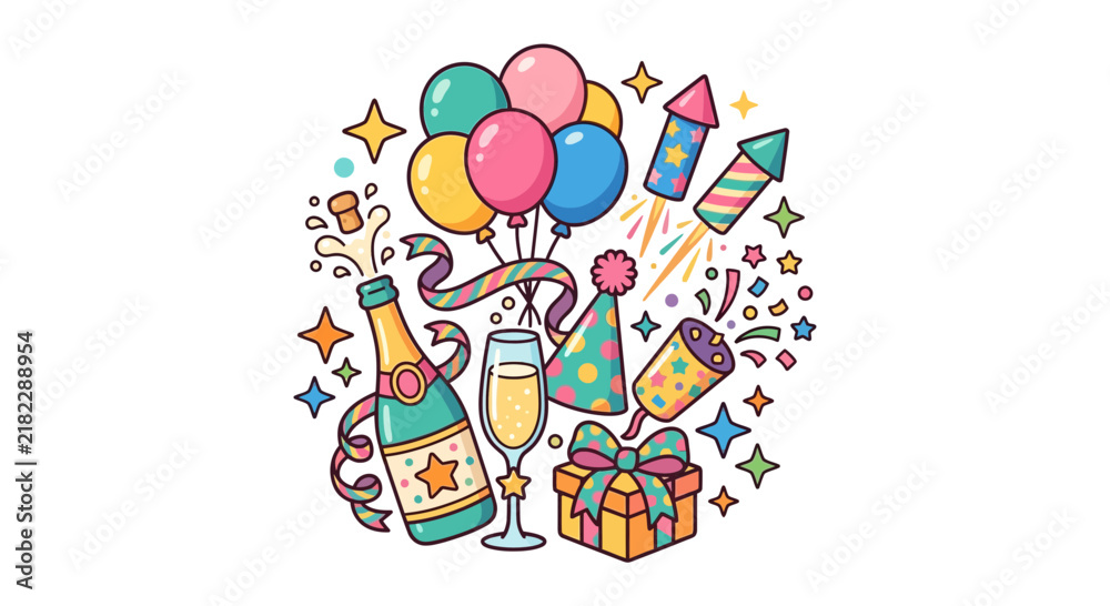 Naklejka premium New Year celebration icons with champagne and balloons.