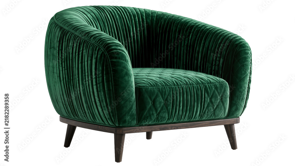Naklejka premium Plush emerald green velvet armchair with channel tufting, isolated on transparent background