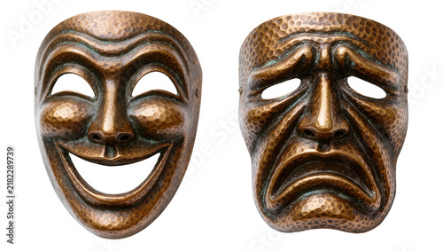 Fotografía Two hammered bronze theater masks happy and sad, isolated on transparent backgro