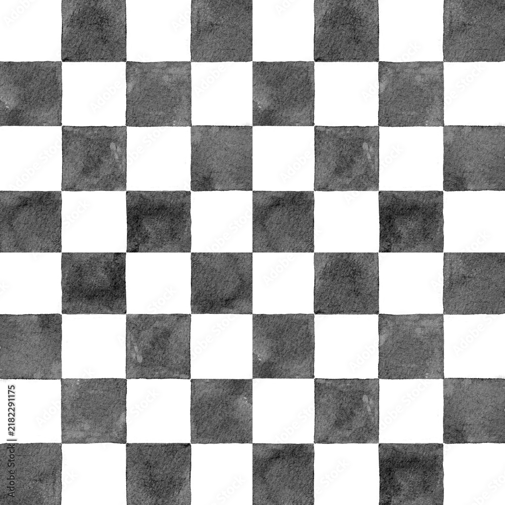 Obraz premium Black and White Watercolor Checkerboard Seamless Pattern, Trendy Geometric Plaid Background