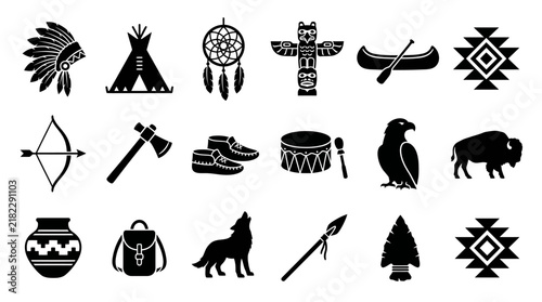 Collection of native american heritage silhouettes on a white background