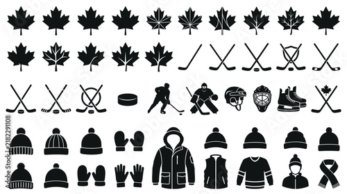 Canvas Print Hockey equipment and maple leaf silhouettes on a white background