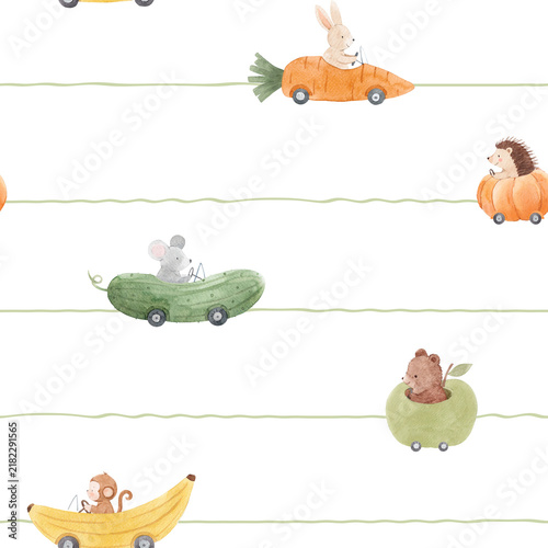 Whimsical Animals Driving Food Cars Watercolor Pattern for Nursery and Kids