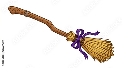 Magical Wooden Witch Broomstick Tied with Purple Ribbon Halloween Clip Art