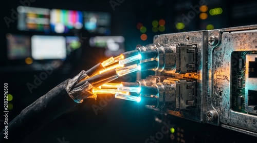 Fiber Optic Cables Connected To Server Rack Ports With Glowing Data Streams