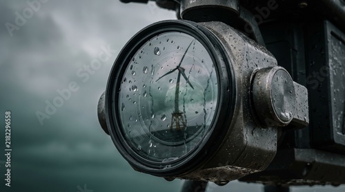 Wind Turbine Reflection On Raindrops Covered Camera Lens Renewable Energy Concept