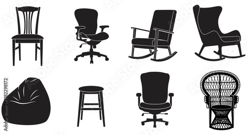 Set of various chair silhouettes including office, rocking, and lounge furniture icons.