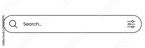 Search bar icon with magnifying glass and filter settings symbol, minimalist ui element for website or application interface