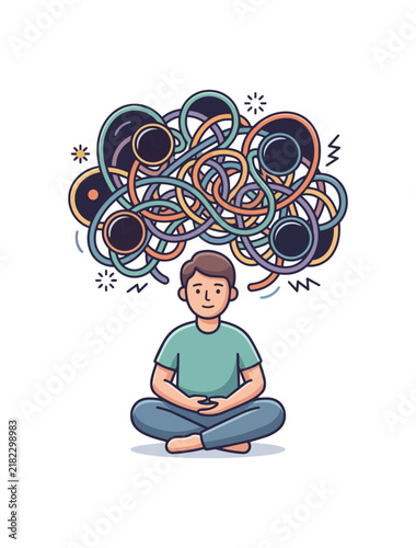 Person meditating with tangled thoughts above head