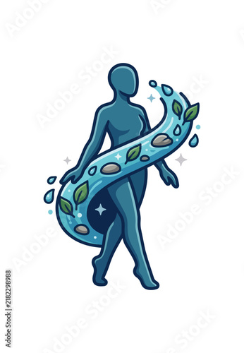 Abstract figure integrated with flowing water and natural elements symbolizing life and harmony