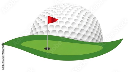Isolated white golf ball resting behind a green putting surface with a red flag