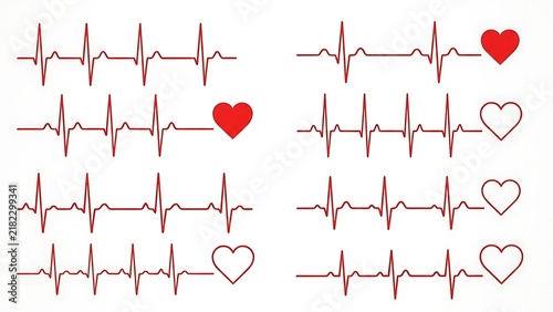 Set of eight red heart beat rhythm lines with various heart shapes for medical design