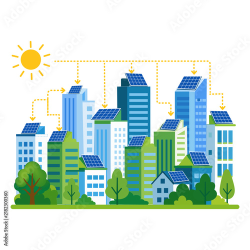 Solar City Skyline Flat Vector Illustration, 
Urban Solar Energy Concept
