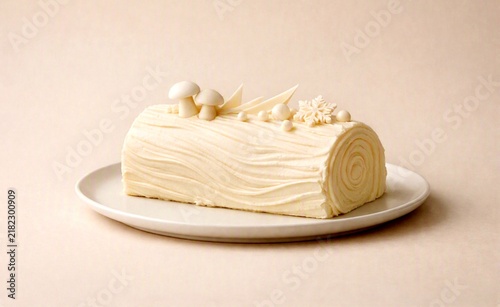White Christmas yule log cake with snowflake decoration