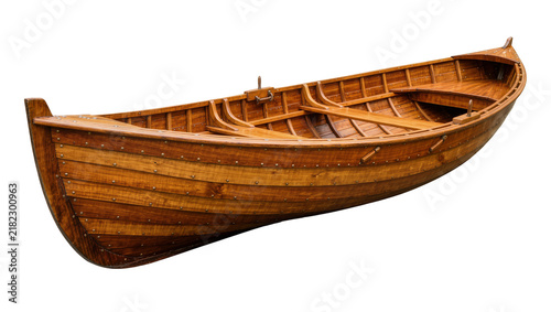 Traditional wooden rowboat with riveted planks, isolated on transparent background
