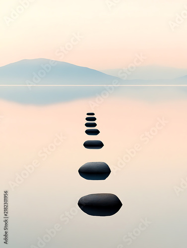 Stepping stones across calm water at sunrise with distant misty mountains