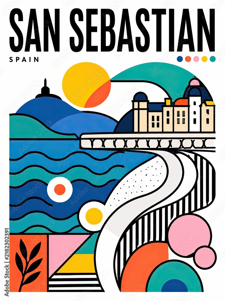 Obraz premium Colorful stylized poster illustration of San Sebastian, Spain, featuring ocean waves, beach, sun, harbor architecture, hills, and bold graphic shapes.