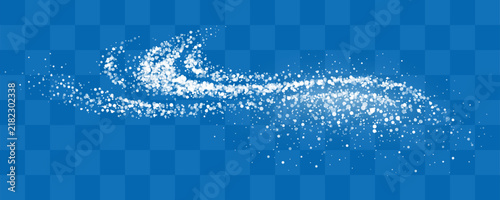 Transparent overlay with white snow dust particles and glowing sparkles. Abstract translucent design element with bokeh, wind snow swirls, sparkling frost effect. Vector illustration